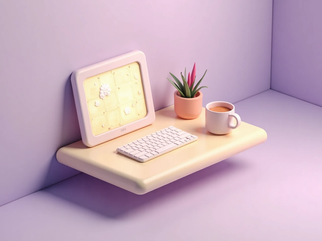 A cozy workspace with a glowing ledger tablet